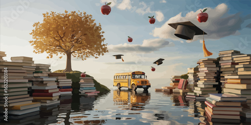 School bus on a book filled island with apples and graduation caps flying