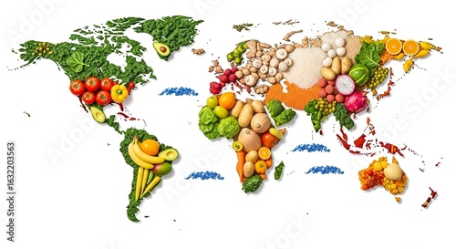 Fotografija Global map made from colorful fruits and vegetables showcasing diversity in agri