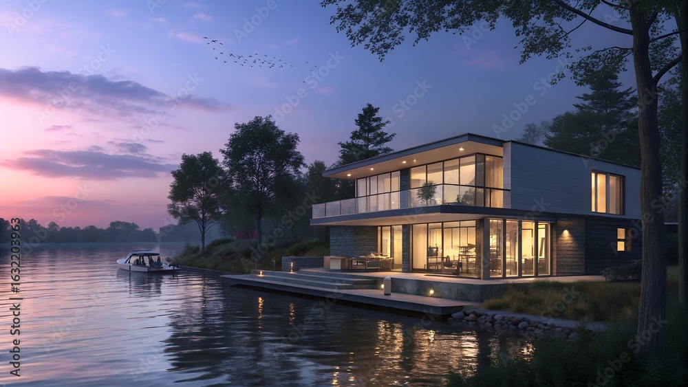 Fototapeta premium Beautiful modern farmhouse style luxury home exterior at twilight.