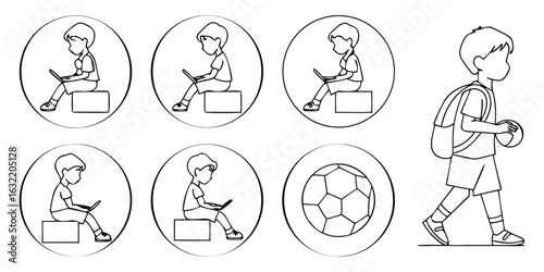 CAD Drawing. Screen Time vs Outdoor Play Vector Icon Set. A Line Art Boy with a Laptop and a Soccer Ball. A Concept for Children's Health, Education, and Lifestyle. A Kid's Daily Routine Icons.