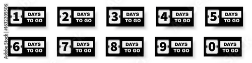 Days to go countdown collection. Flip board style countdown numbers from 0 to 9 with “Days To Go” text. Ideal for event promotion, launches, or deadlines