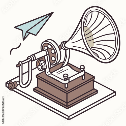 Vintage gramophone with paper airplane flying phonograph