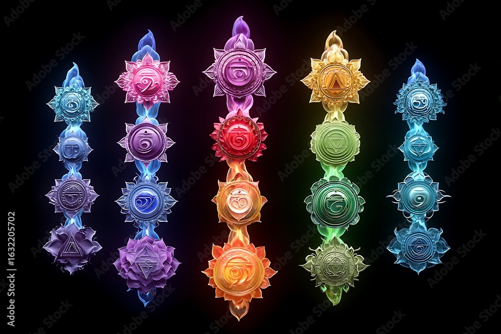 custom made wallpaper toronto digitalThe seven chakras illuminated, with energy flowing through each chakra in vibrant colors representing balance and spiritual energy.