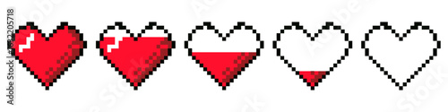 Pixel heart life bar collection. Pixel red heart icons showing different health levels. Perfect for retro game design, life indicators