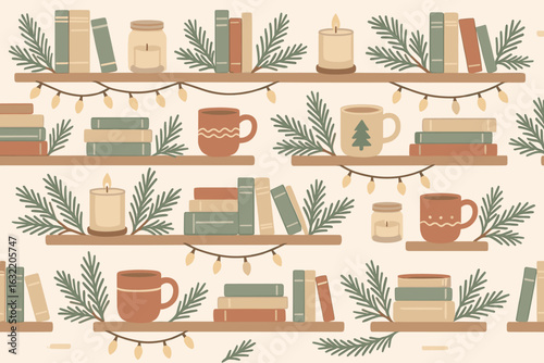 Cozy winter bookshelf arrangement featuring candles, mugs, and evergreen decorations