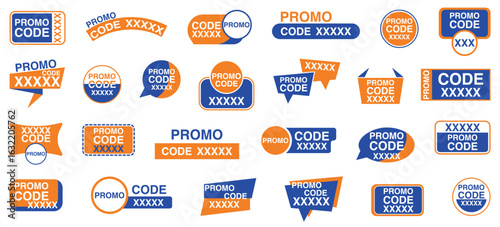 promo code and discount label set, blue and orange banners, tags and stickers for ecommerce, retail and special offer marketing promotions