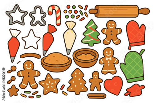 Baking holiday cookies with gingerbread and festive shapes during winter celebrations