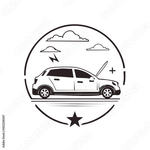 Car breakdown emblem with open hood and lightning bolt for auto repair service