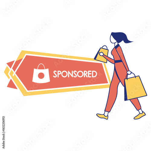Woman with shopping bags next to sponsored tag vector