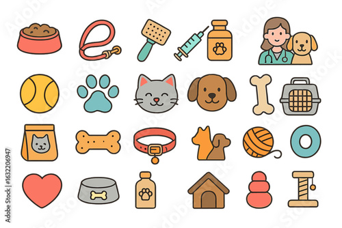 Colorful collection of pet care icons featuring dogs, cats, and essential supplies for pet owners