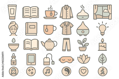 Relaxation and self-care icons representing wellness routines at home in a cozy setting during morning hours