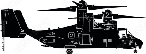 Bold Black Silhouette of V-22 Osprey Tiltrotor – Military Aircraft Vector Design