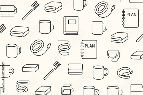 Patterns of everyday objects including mugs, books, and personal items in a minimalist outline style design