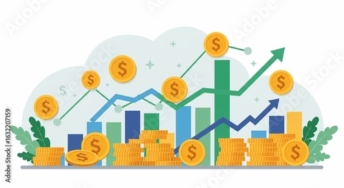 Rising Financial Growth Chart with Dollar Coins and Green Upward Arrows