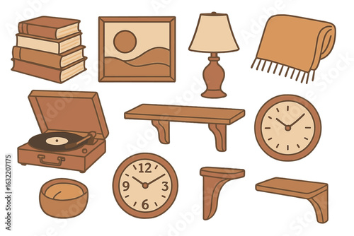 Collection of rustic home decor items displayed on a wooden table in a cozy, warm-toned room