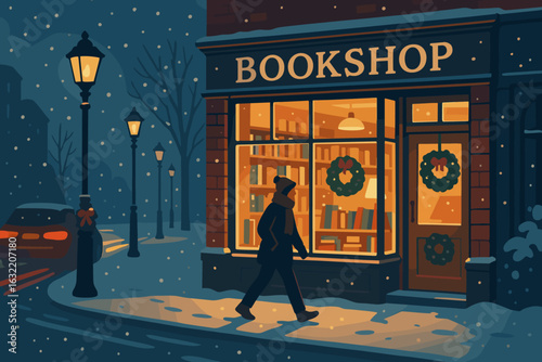 Cozy winter evening walk past a charming bookshop with festive decorations and soft snowflakes falling