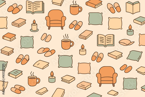 Cozy home decor pattern featuring books, candles, and comfortable furniture in warm tones
