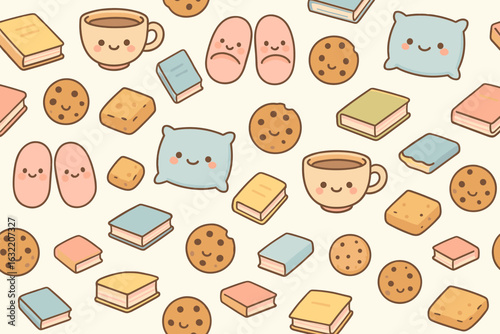 Cozy and cute pattern featuring books, bedding, cookies, and beverages perfect for a relaxing day at home