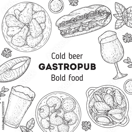 Gastropub menu. Pub food and beer. Hand drawn vector illustration. Food and drink sketch. Top view. Hand drawn food collection for gastropub or pub menu design. Beer and food frame.