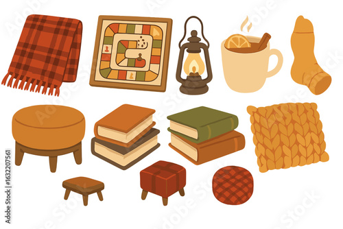 Cozy indoor setting featuring warm blankets, games, and drinks for a relaxing evening at home