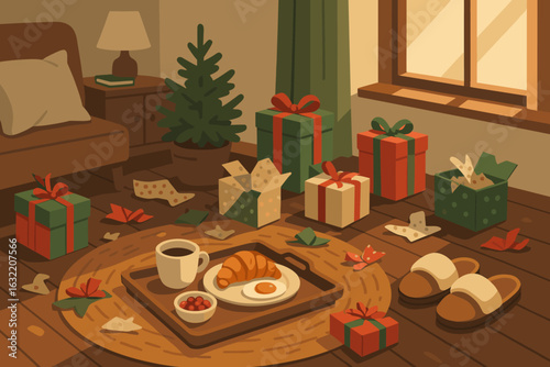 Cozy holiday morning with breakfast and gifts in a warmly decorated living room