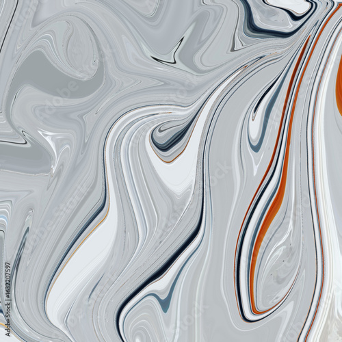 Fluid abstract art in grey, orange, and navy shades, blending smooth curves and modern marble-like swirls for contemporary designs.
