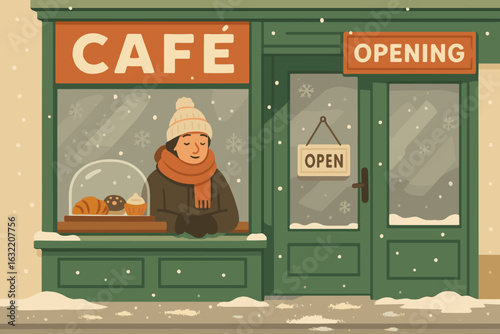 Warm cafe opens during winter with pastries displayed and a welcoming atmosphere
