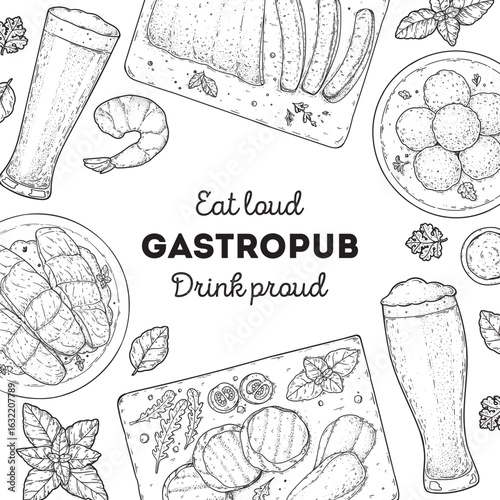 Gastropub menu. Pub food and beer. Hand drawn vector illustration. Food and drink sketch. Top view. Hand drawn food collection for gastropub or pub menu design. Beer,