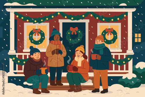 Friends enjoy hot beverages on a snowy evening in front of a decorated house during the festive season