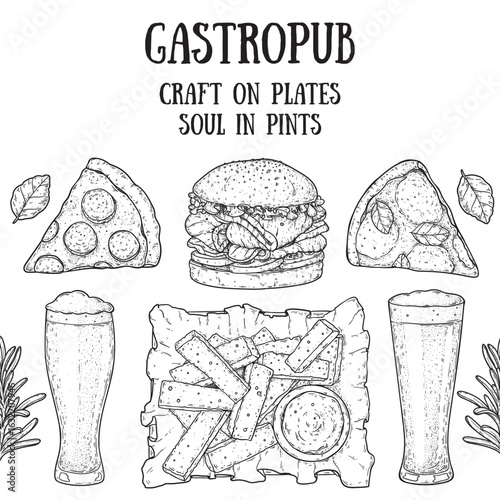 Gastropub menu. Pub food and beer. Hand drawn vector illustration. Food and drink sketch. Top view. Hand drawn food collection for gastropub or pub menu design. Beer, croutons, burger, pizza,snacks