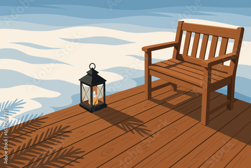 Cozy lakeside retreat with wooden chair and lantern at sunset