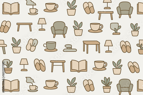 Cozy home decor elements pattern featuring plants, mugs, and furniture in neutral tones