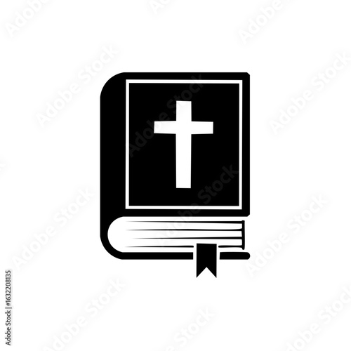 Black and white illustration of a Holy Bible with a Christian cross on the cover and a bookmark