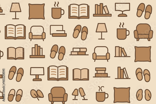 Cozy home decor elements featuring books, drinks, and comfortable seating in a warm color palette