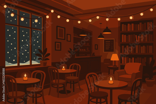 Cozy evening ambiance in a warm cafe with soft lighting and a snowy window view
