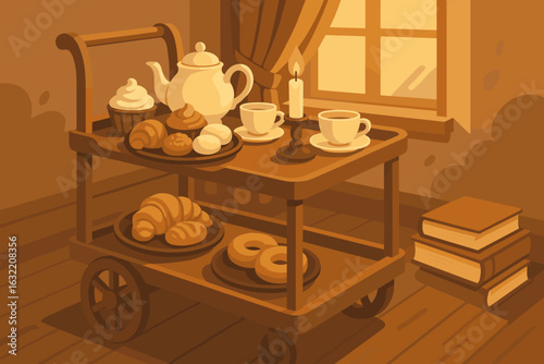 Warm afternoon tea service with pastries and books in cozy setting with soft lighting