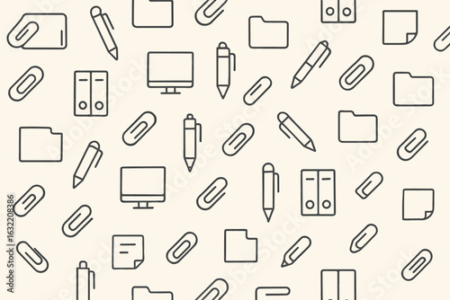 Paperwork essentials are organized with office supplies featuring folders, clips, pens, and monitors in a minimalist design