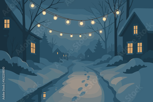 Winter night stroll through a cozy village with glowing lights strung overhead