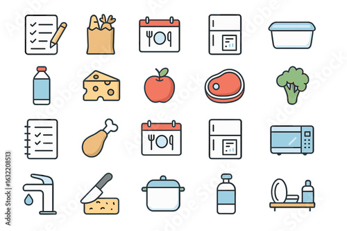 Grocery list and kitchen items displayed on a simple background at home, featuring food and preparation tools