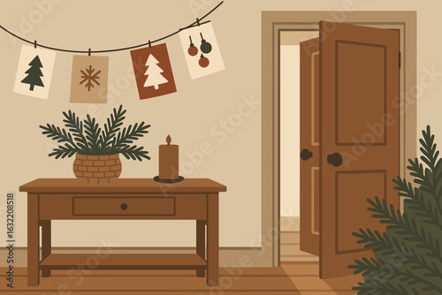 Warm and inviting interior decorated for the festive season with holiday art and a welcoming open door