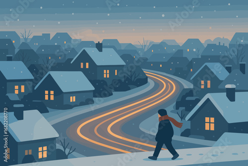 Snowy evening walk through a quiet neighborhood under the glow of streetlights