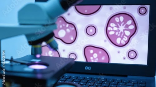 Modern microscope and human tissue section slide with computer monitor show glandular image.Medical patholology and cytologytechnology concept.Selective focus