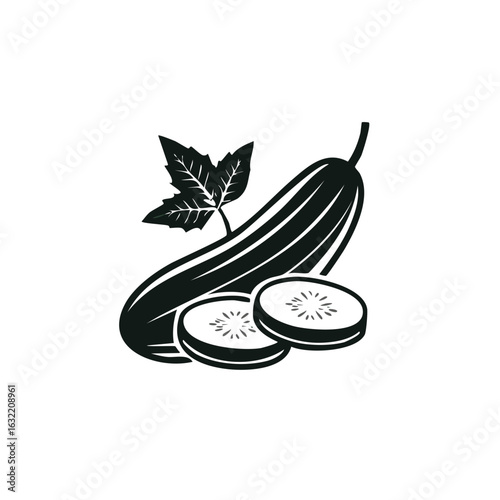 Stylized Cucumber with Slices and Leaf Graphic Symbol