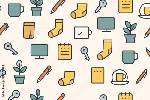 Colorful pattern of everyday items featuring plants, socks, stationery, and household objects
