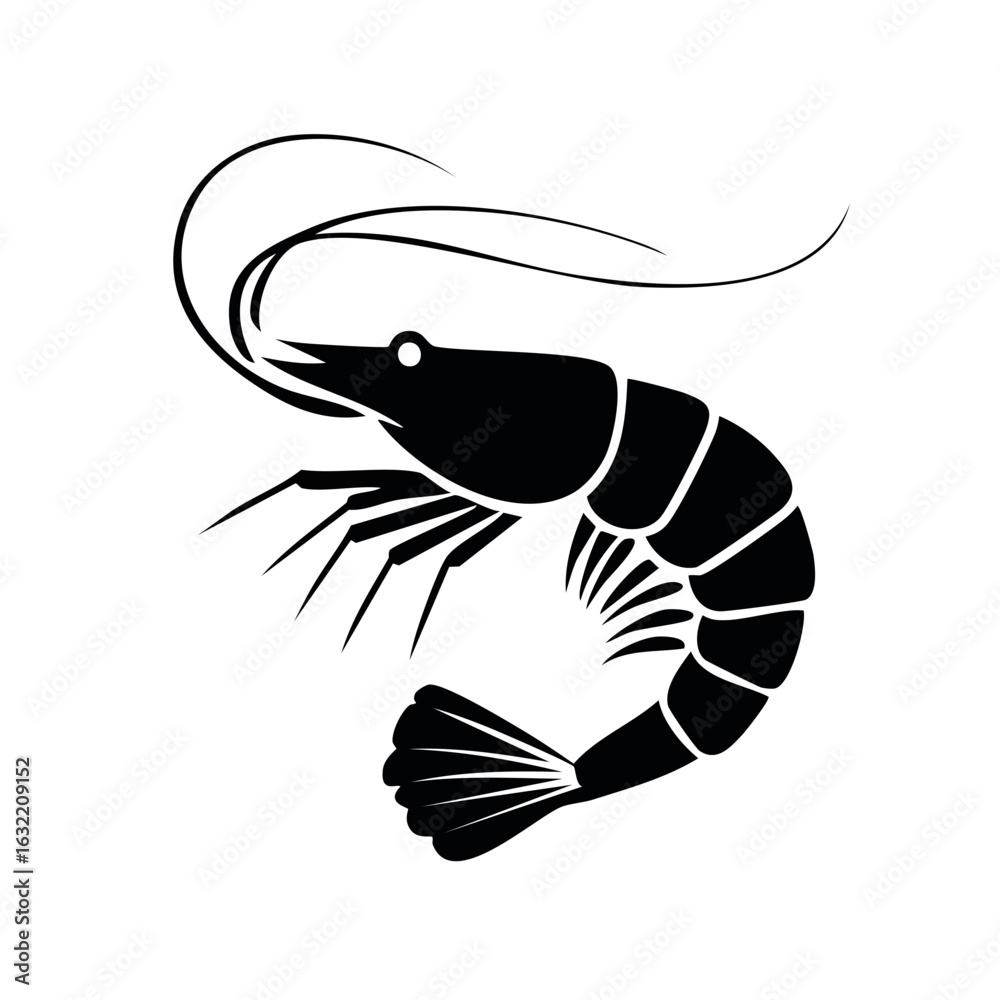 Fototapeta premium Elegant black shrimp silhouette illustration shows detail of prawn body and graceful form, a marine emblem, ocean seafood, crustacean delicacy
