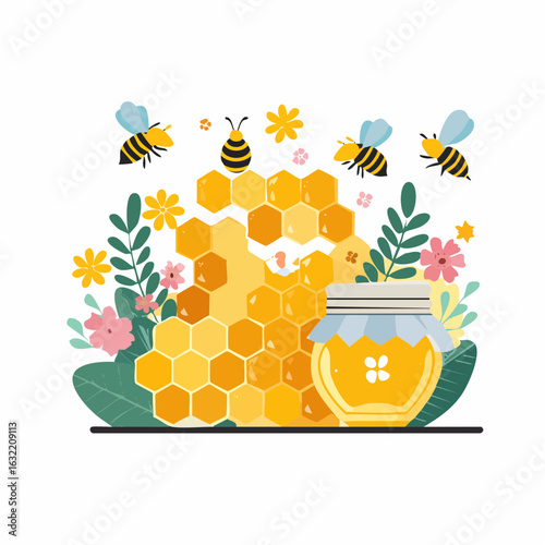 Cartoon honeybees flying around a honeycomb and a jar of sweet honey. A vector illustration of organic apiculture with flowers.