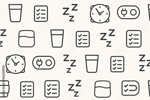 Pattern of simple icons representing daily routines and activities related to hydration, sleep, and time management
