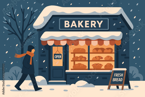 Snowy winter day with a person walking by a cozy bakery showcasing fresh bread