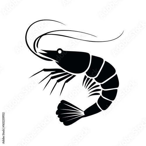 Elegant black shrimp silhouette illustration shows detail of prawn body and graceful form, a marine emblem, ocean seafood, crustacean delicacy