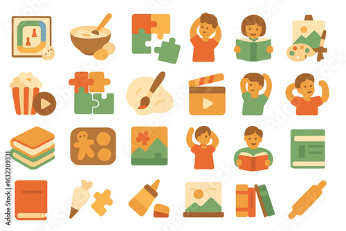 Creative activities for children at home during the day, featuring puzzles, reading, and artistic expression